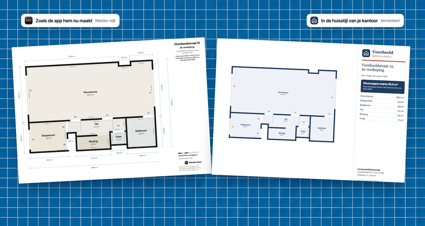 Voorbeeld van white label: de plattegrond van Voorbeeldstraat 12 in de huisstijl van een makelaar, met een eigen logo en eigen kleuren