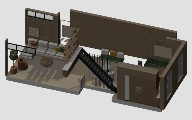 Het 3D-model van de woonlaag in Blender, schuin van boven en opengewerkt: de hoekbank en de hangende planken aan de tuinkant, de zwarte trap in het midden, de eetbank en de keukenkast aan de voorkant