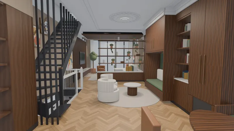 Blender-render van de lange woonlaag: links een zwarte open trap, rechts een notenhouten kastenwand met een groene leesnis, in het midden twee witte stoelen en achterin een open boekenkast voor de tuinpui