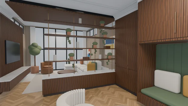 Blender-render van de leeshoek: twee witte kuipstoelen voor een laag kastje met hangende planken, daarachter de zithoek en een grote tuinpui, rechts een kastenwand met een groene zitnis