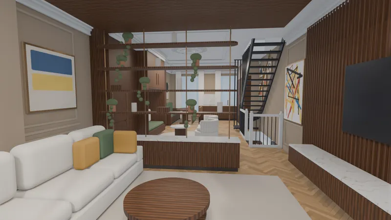 Blender-render van de zithoek: een witte hoekbank met gekleurde kussens, een ronde houten salontafel, een lamellenwand met tv rechts, kunst aan de wand en een open trap achterin