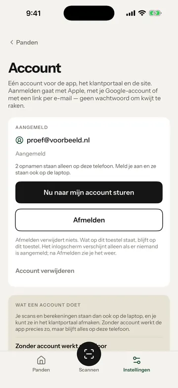 Het scherm Account met je e-mailadres, de knoppen Nu naar mijn account sturen en Afmelden, en onderaan Account verwijderen. Het gele kader staat om de knop Afmelden.