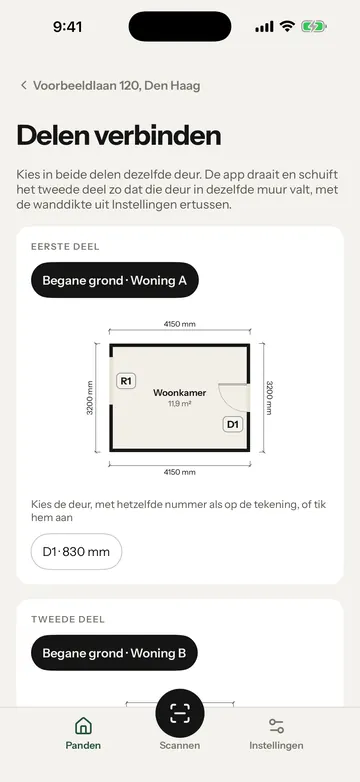 Het scherm Delen verbinden met twee delen van de begane grond en de deur D1. Het gele kader staat om de deur D1.