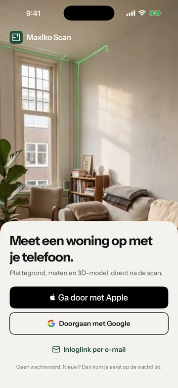 Het inlogscherm van Maxiko Scan met de knoppen Ga door met Apple, Doorgaan met Google en Inloglink per e-mail. Het gele kader staat om de drie manieren om in te loggen.