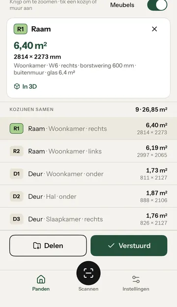 De kaart van raam R1 met 6,40 m², 2814 × 2273 mm en een borstwering van 600 mm, en de lijst met alle kozijnen