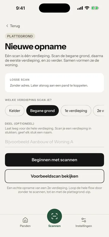 Het scherm Nieuwe opname met de keuze van de verdieping en de knop Beginnen met scannen. Het gele kader staat om het veld Deel (optioneel).