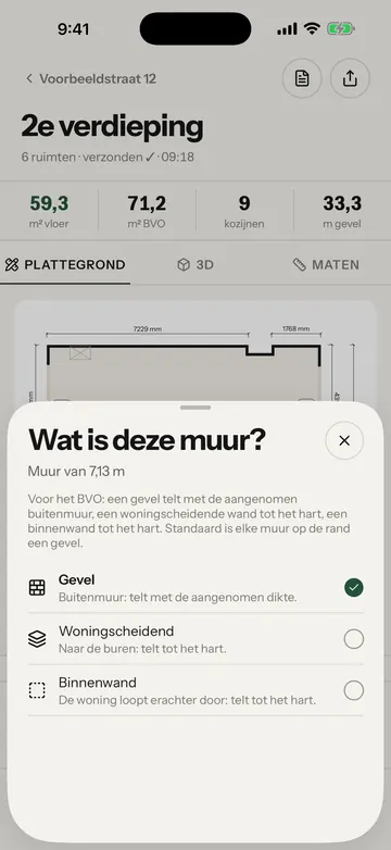 Het blad Wat is deze muur, met de keuzes Gevel, Woningscheidend en Binnenwand. Het gele kader staat om de keuze Woningscheidend.