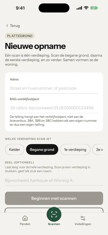 Het scherm Nieuwe opname met de velden Adres en BAG-verblijfsobject en de knop Beginnen met scannen. Het gele kader staat om het veld Adres.