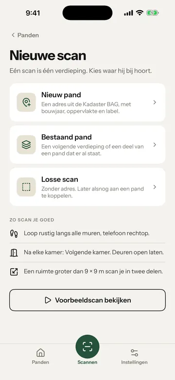 Het scherm Nieuwe scan met de keuzes Nieuw pand, Bestaand pand en Losse scan, en onderaan Voorbeeldscan bekijken. Het gele kader staat om de knop Voorbeeldscan bekijken.