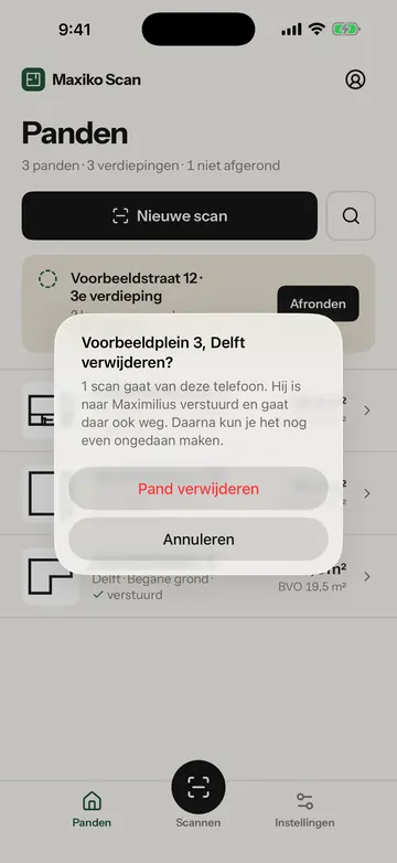 De vraag of je het pand wilt verwijderen, met de knoppen Pand verwijderen en Annuleren. Het gele kader staat om de knop Pand verwijderen.