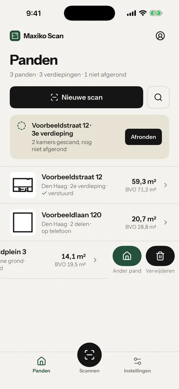Panden met een regel die naar links is geveegd, met de knoppen Ander pand en Verwijderen. Het gele kader staat om de knop Verwijderen.