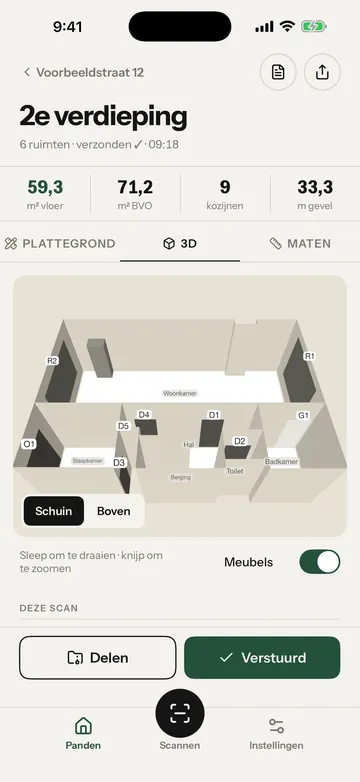Het 3D-model van de 2e verdieping, schuin van boven, met de knoppen Schuin en Boven en de schakelaar Meubels. Het gele kader staat om het 3D-model.