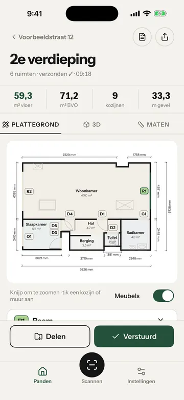 De plattegrond in de app met raam R1 groen opgelicht. Het gele kader staat om raam R1.