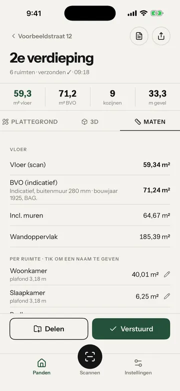 Het tabblad Maten met Vloer (scan), BVO (indicatief) en de ruimtes een voor een. Het gele kader staat om een ruimte in de lijst.
