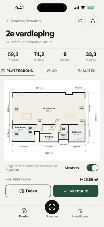 Het resultaat van een scan: de plattegrond van de 2e verdieping met 59,3 m² vloer, 71,2 m² BVO, 9 kozijnen en 33,3 m gevel, en onderaan de knoppen Delen en Verstuurd. Het gele kader staat om de knop voor het rapport.