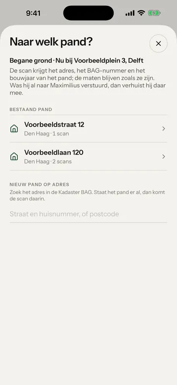 Het blad Naar welk pand, met twee panden en het veld voor een nieuw pand op adres. Het gele kader staat om een pand in de lijst.