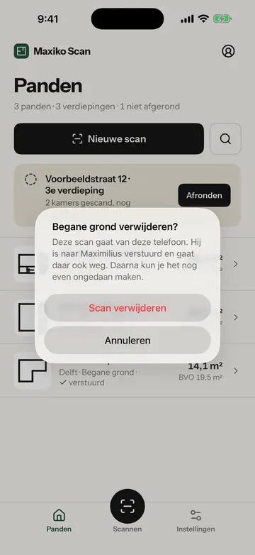 De vraag Begane grond verwijderen, met de knoppen Scan verwijderen en Annuleren. Het gele kader staat om de knop Scan verwijderen.