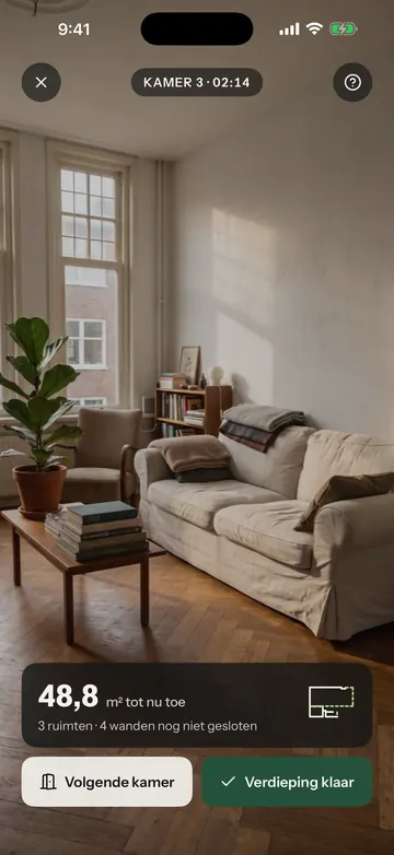 Scannen: kamer 3 met 48,8 m² tot nu toe, rechtsonder de minikaart, en de knoppen Volgende kamer en Verdieping klaar. Het gele kader staat om de minikaart.