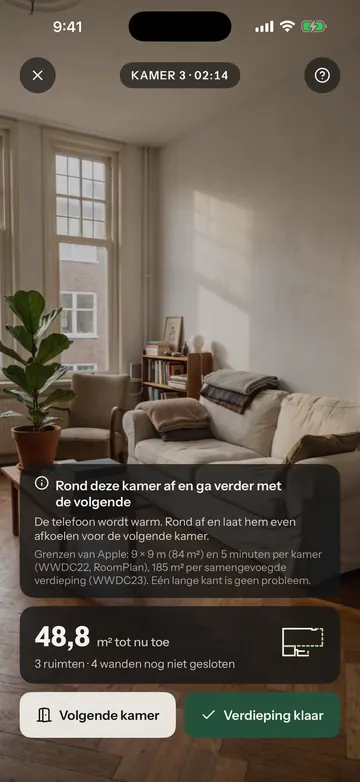 Een waarschuwing tijdens het scannen: rond deze kamer af, want de telefoon wordt warm
