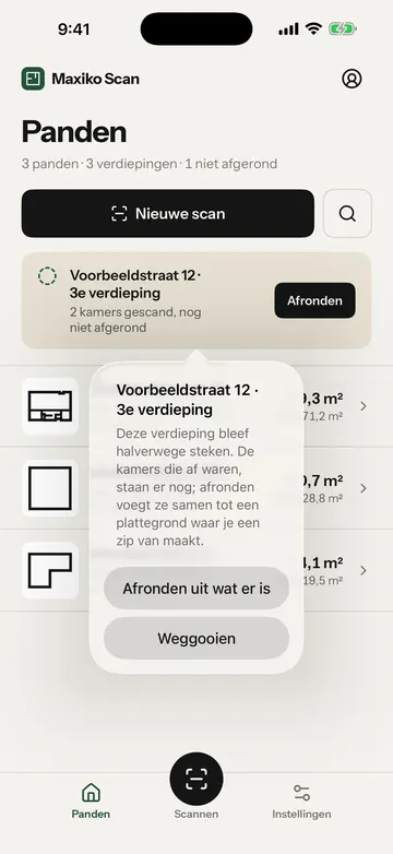 De keuze bij een verdieping die niet af is: Afronden uit wat er is, of Weggooien. Het gele kader staat om de knop Weggooien.