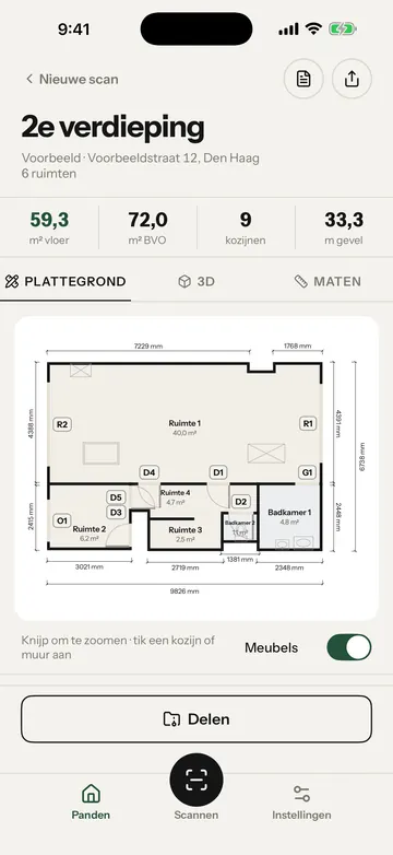De voorbeeldscan: de plattegrond van een 2e verdieping met 59,3 m² vloer en 9 kozijnen