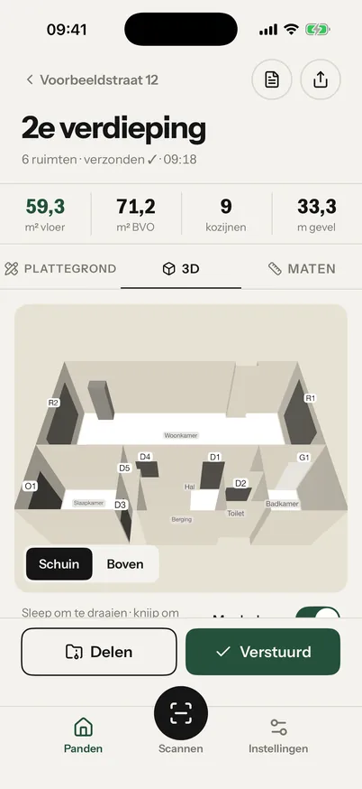 Het 3D-model van Voorbeeldstraat 12 in de app, schuin van boven, met de ruimten en de nummers van de kozijnen