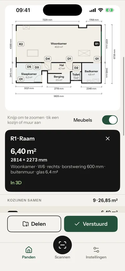 Het kozijn R1 in de app: raam in de woonkamer, 6,40 m², 2814 × 2273 mm