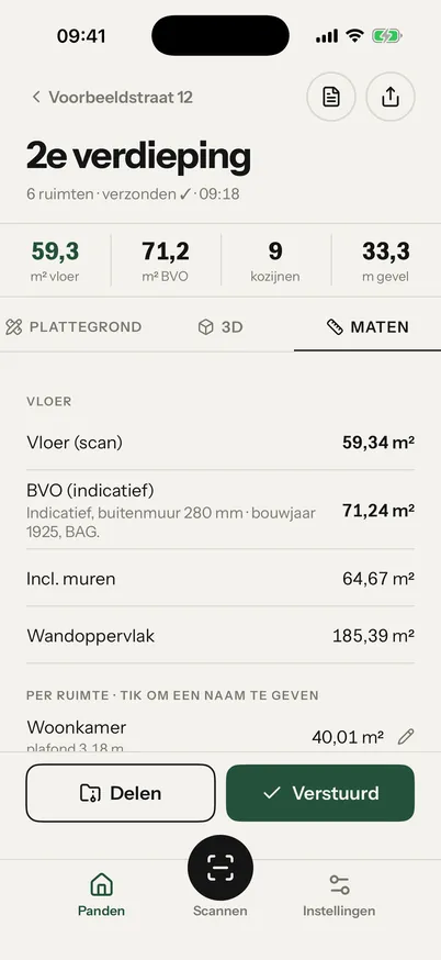 Het tabblad Maten in Maxiko Scan: vloer 59,34 m² en BVO indicatief 71,24 m², buitenmuur 280 mm, bouwjaar 1925, BAG