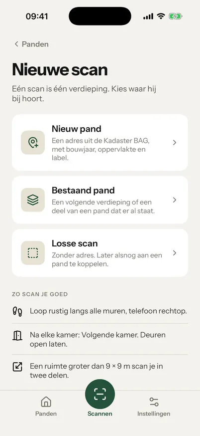 Het scherm Nieuwe scan in Maxiko Scan: Nieuw pand, een adres uit de Kadaster BAG met bouwjaar, oppervlakte en label