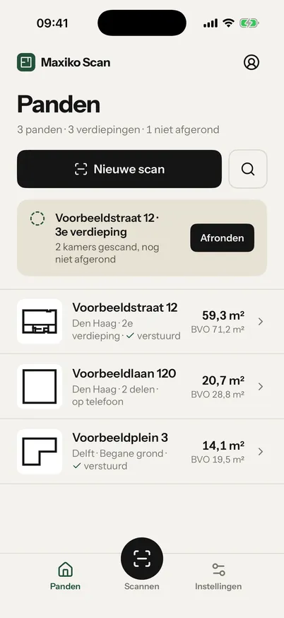 Het scherm Panden in Maxiko Scan met de knop Nieuwe scan en drie voorbeeldpanden met hun m² en BVO