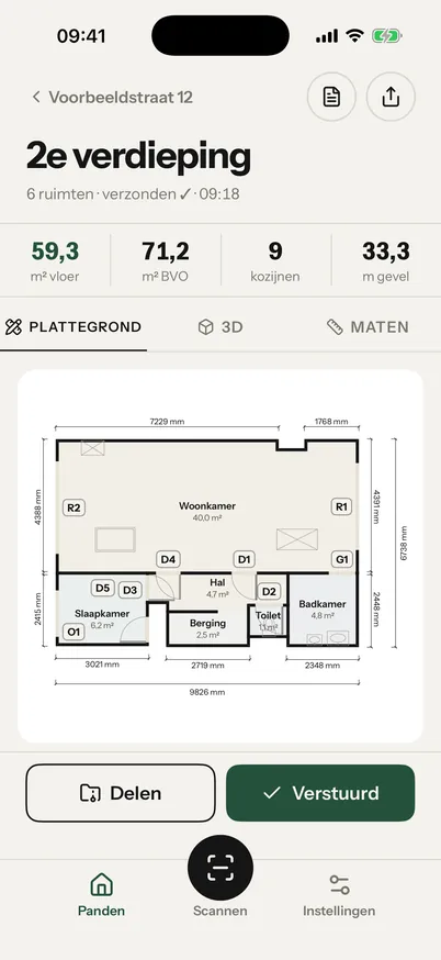 De plattegrond van de voorbeeldscan Voorbeeldstraat 12 in de app, met 59,3 m² vloer en 9 kozijnen