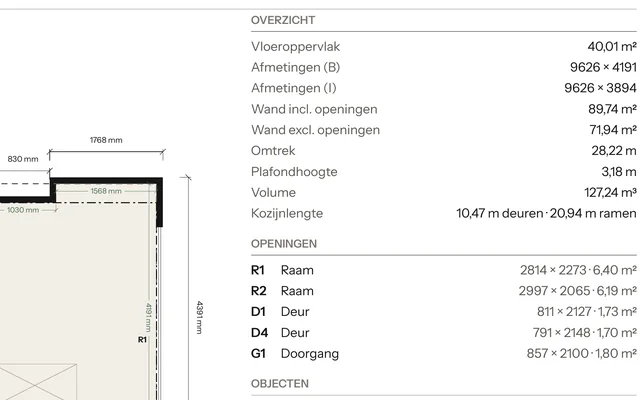 Uitsnede van het blad Woonkamer van Voorbeeldstraat 12: vloeroppervlak 40,01 m², afmetingen, wanden, plafondhoogte 3,18 m en de openingen R1, R2, D1, D4 en G1