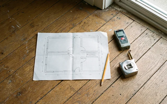 Een met de hand getekende plattegrond op ruitjespapier op een houten vloer, met een potlood, een laserafstandsmeter en een rolmaat ernaast