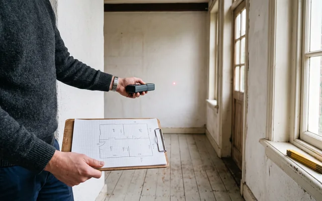 Iemand in een lege kamer met een laserafstandsmeter in de ene hand en een klembord met een potloodschets van de plattegrond in de andere